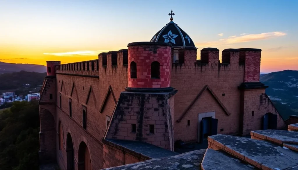 Generate an image of the Fortaleza de Santa Teresa at sunset, highlighting its star-shaped design and the surrounding landscape.