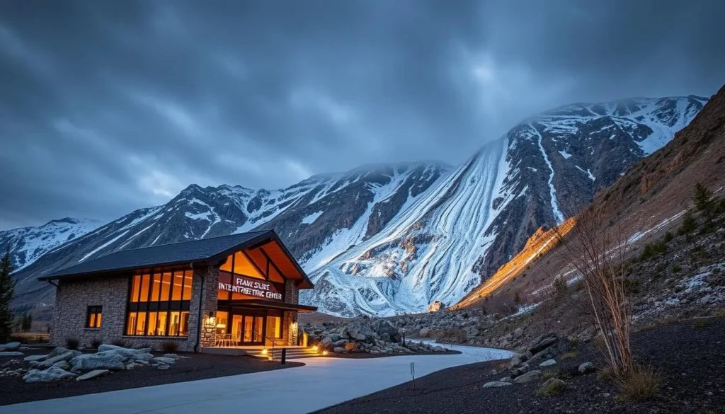 Generate an image of the Frank Slide Interpretive Center with a dramatic rockslide scene in the background.