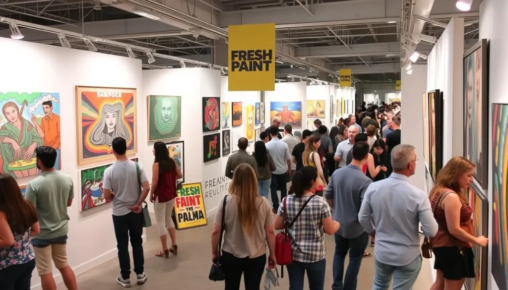 Generate an image of the Fresh Paint Contemporary Art Fair in Tel Aviv, showcasing vibrant artworks and artists.