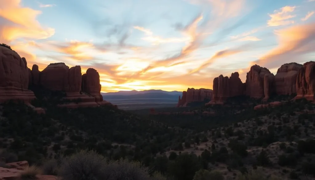 Generate an image of the Garden of the Gods main viewpoint at sunset. Generate an image of the Garden of the Gods main viewpoint at sunset.