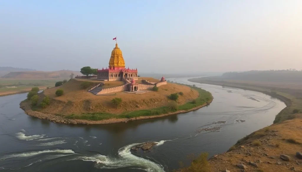 Generate an image of the Ghagar Buri Chandi Temple perched atop Kali Pahadi in Asansol, with the Nunia River flowing below.