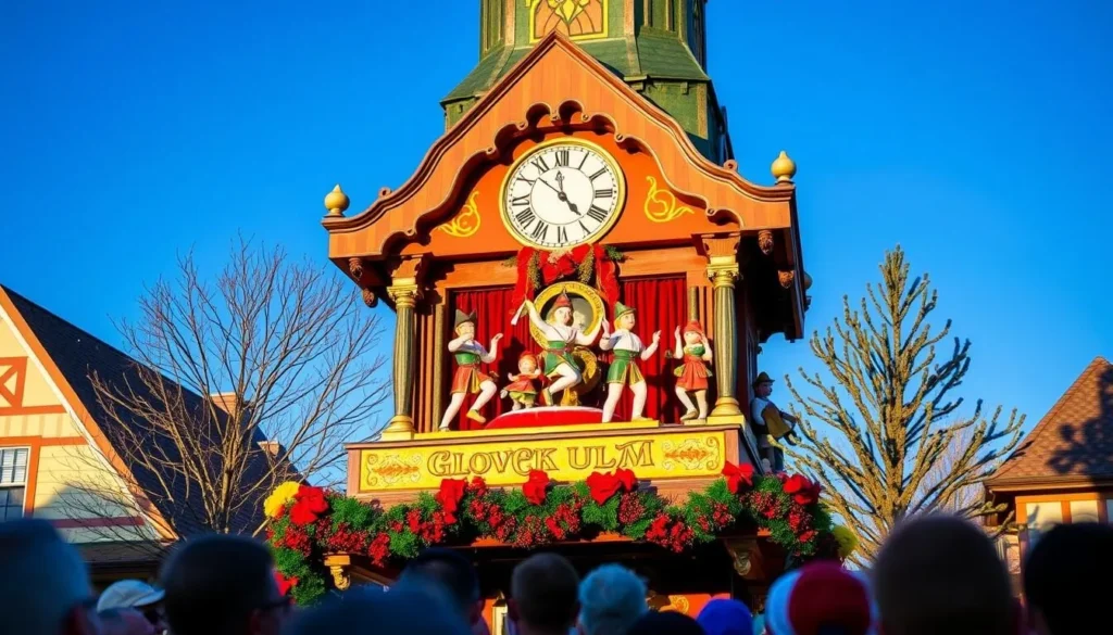 Generate an image of the Glockenspiel Clock Tower in New Ulm, Minnesota, with the figurines moving and dancing.
