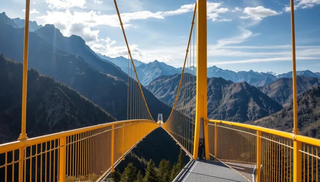 Generate an image of the Golden Skybridge with its suspension bridges and surrounding mountains.