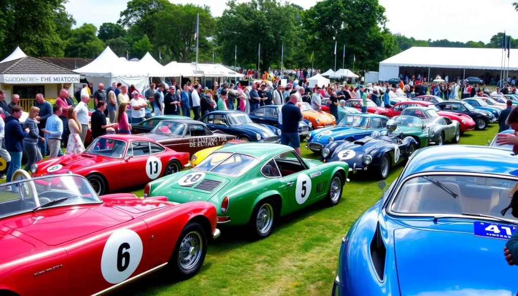 Generate an image of the Goodwood Festival of Speed with historic and modern cars on display.