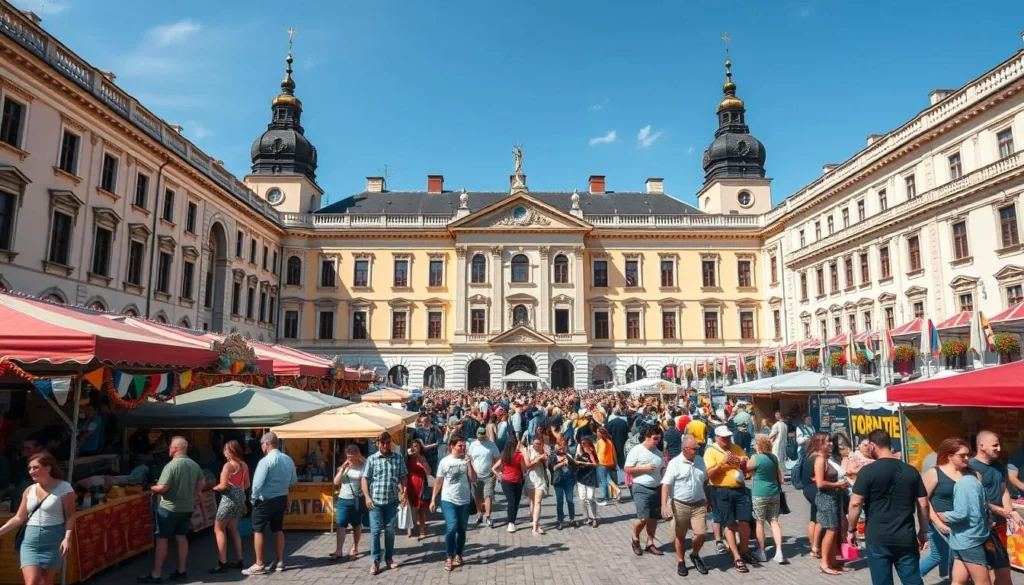 Generate an image of the Grand Courtyard of the Palace of the Grand Dukes of Lithuania filled with people enjoying a summer festival.