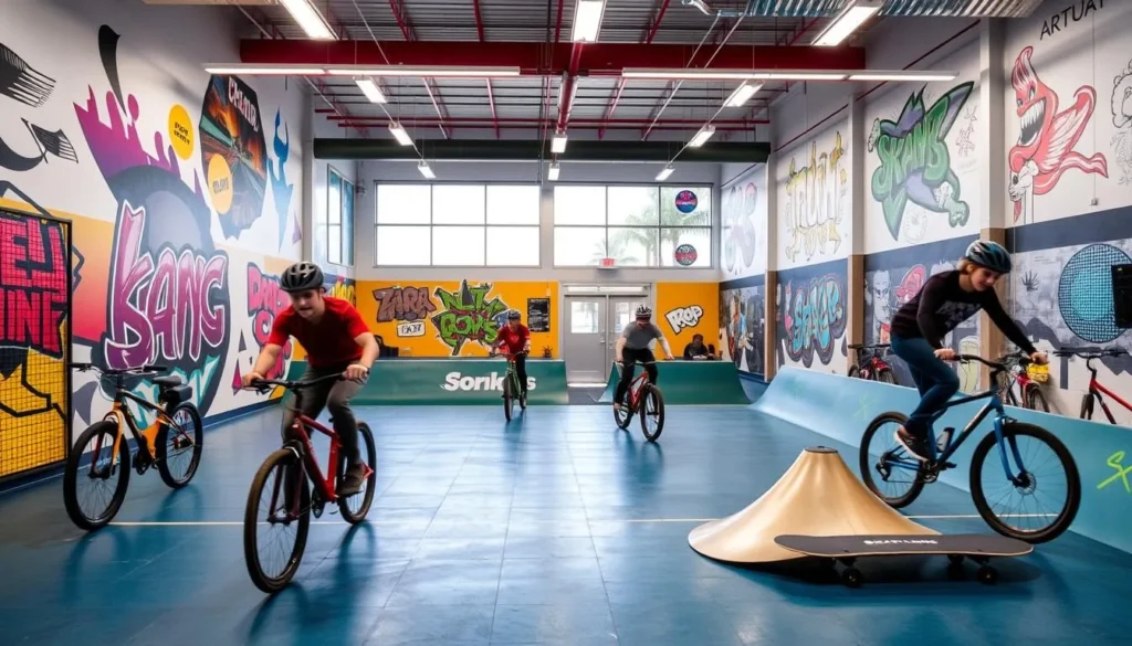 Generate an image of the Grande Prairie Activity & Reception Centre's indoor biking and skateboarding area.