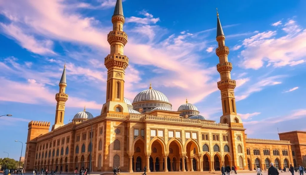 Generate an image of the Great Mosque of Sanaa, showcasing its distinctive minarets and historic architecture.