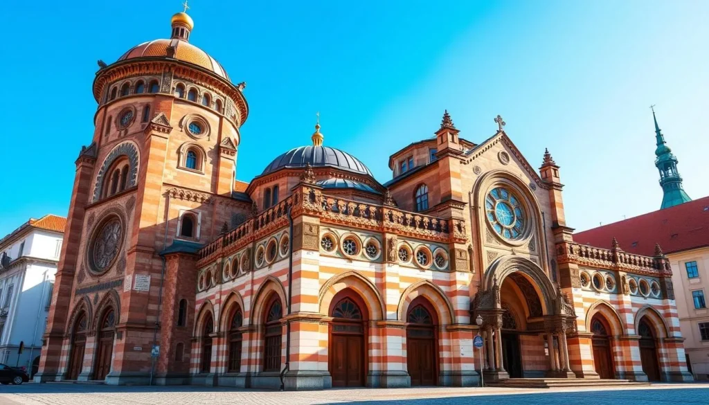 Generate an image of the Great Synagogue in Plzen, Czech Republic, showcasing its Moorish-Romanesque architecture.