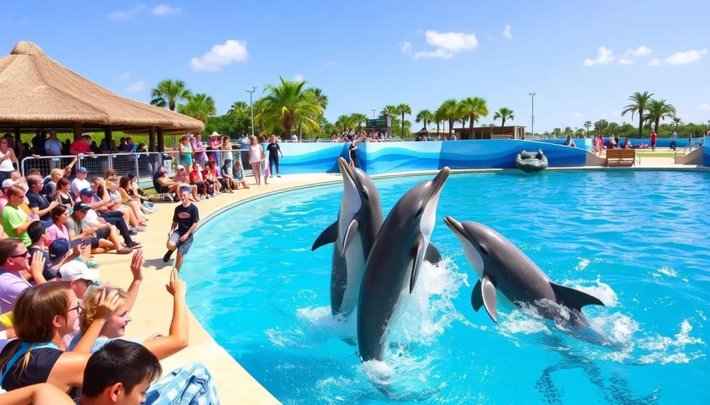 Generate an image of the Gulfarium Marine Adventure Park's main show featuring dolphins and trainers.