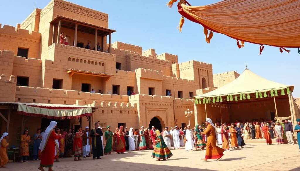 Generate an image of the Hadhramaut Summer Festival, showcasing the ancient multi-story mud-brick buildings and traditional performances.