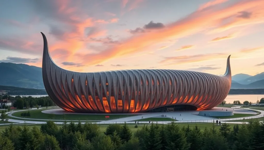 Generate an image of the Hamar Olympic Hall, known as the "Viking Ship"