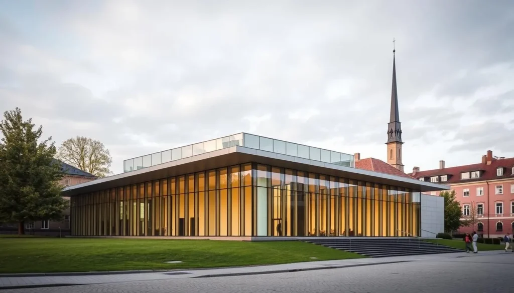Generate an image of the Hämeenlinna Art Museum's exterior, showcasing its modern architecture amidst a historic setting.