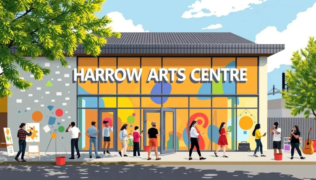 Generate an image of the Harrow Arts Centre building with a vibrant arts scene.