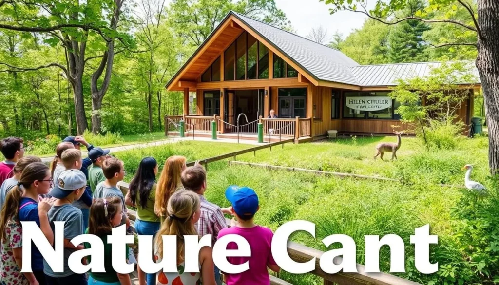Generate an image of the Helen Schuler Nature Centre with visitors observing local wildlife.