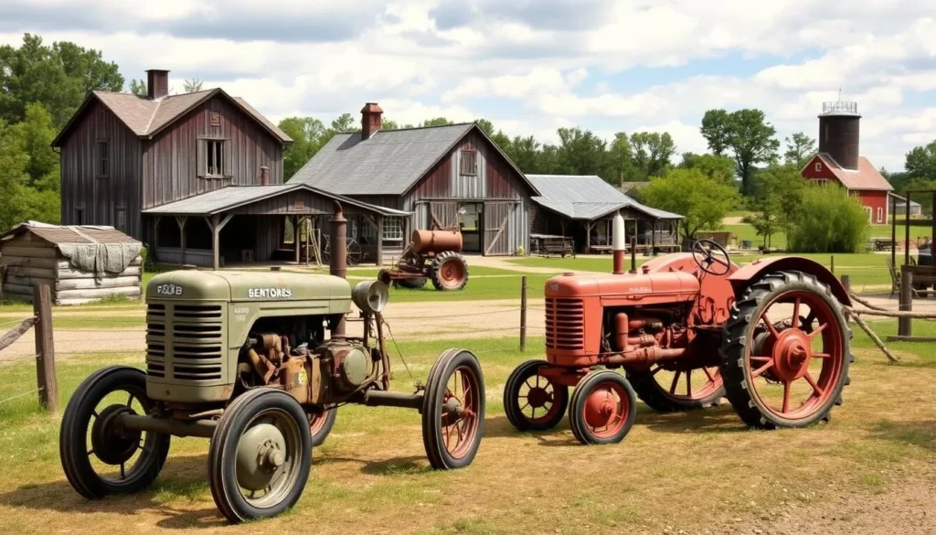 Generate an image of the Heritage Acres Farm Museum with a vintage tractor and old farm buildings.