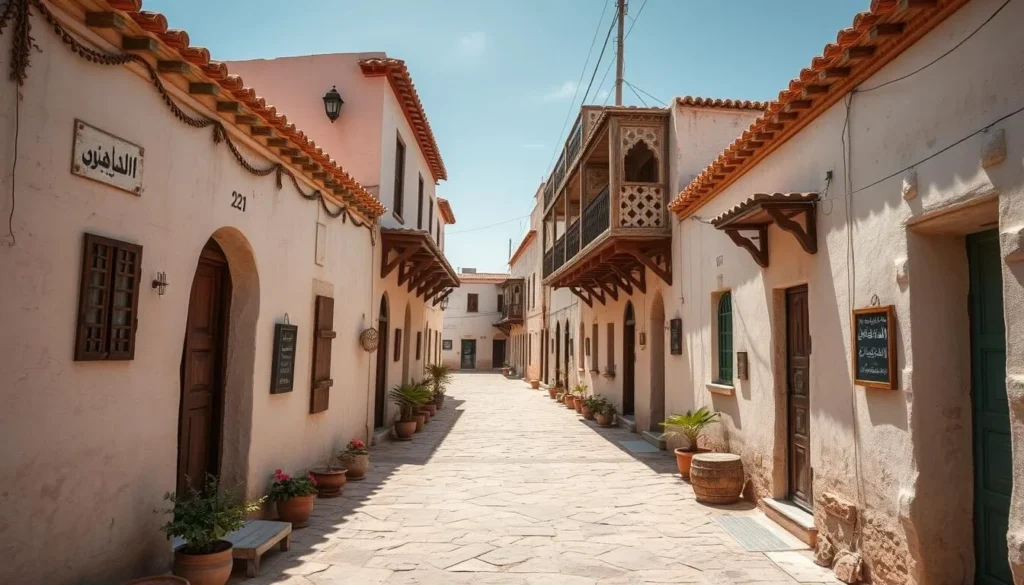 Generate an image of the Heritage Village in Jubayl, showcasing its traditional architecture and narrow streets.