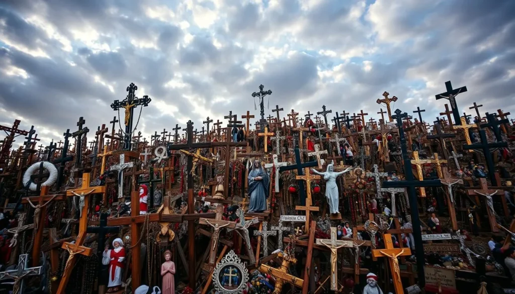 Generate an image of the Hill of Crosses, a hill covered with thousands of crosses, rosaries, and other religious symbols.