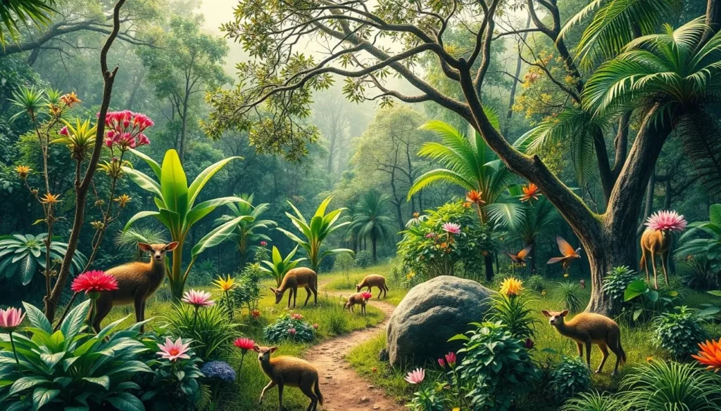 Generate an image of the Hingolgadh Nature Education Sanctuary with diverse flora and fauna.