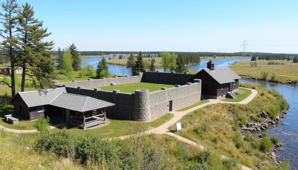 Generate an image of the Historic Fort Normandeau along the Red Deer River, showcasing its reconstructed fort and interpretive center.