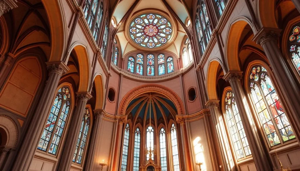 Generate an image of the Holy Trinity Cathedral's interior, showcasing its beautiful stained glass windows and serene atmosphere.