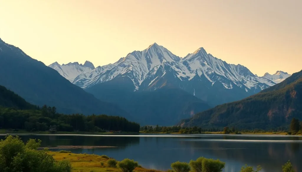 Generate an image of the Huaytapallana Mountain Range with snow-capped peaks and a serene lake in the foreground.