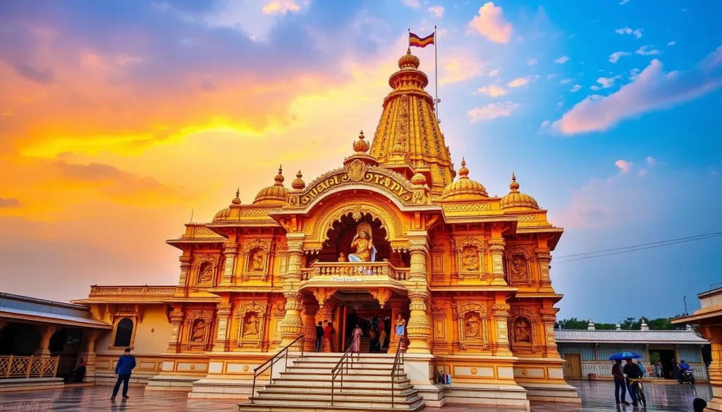 Generate an image of the ISKCON Temple Kanpur, a peaceful and vibrant temple dedicated to Lord Krishna.