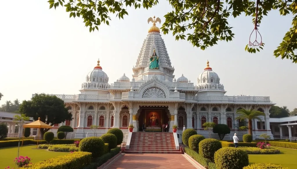Generate an image of the ISKCON Temple in Faridabad, highlighting its beautiful deities and serene gardens.