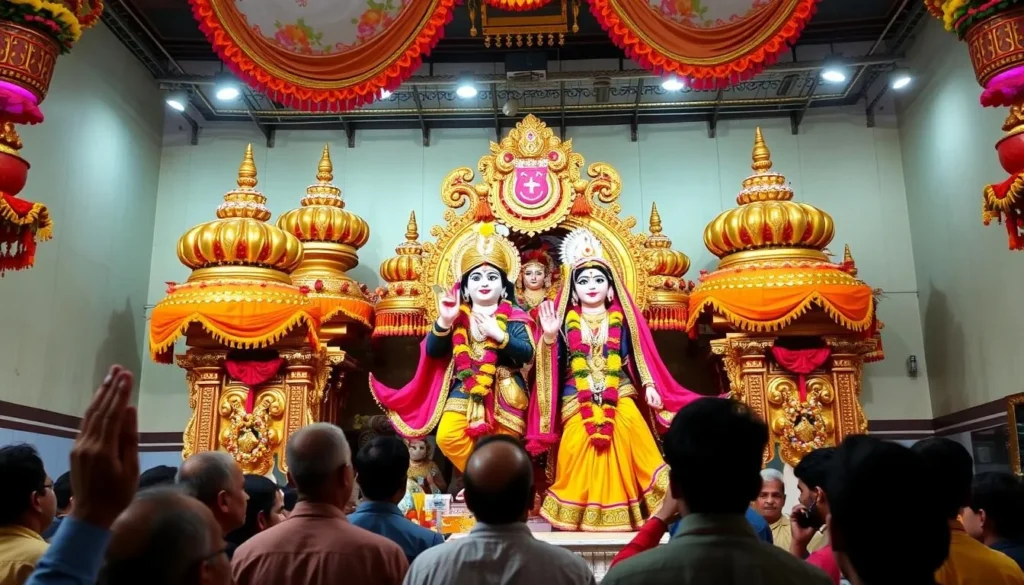Generate an image of the ISKCON Temple in Rajkot, showcasing its vibrant atmosphere and the deities of Radha and Krishna.