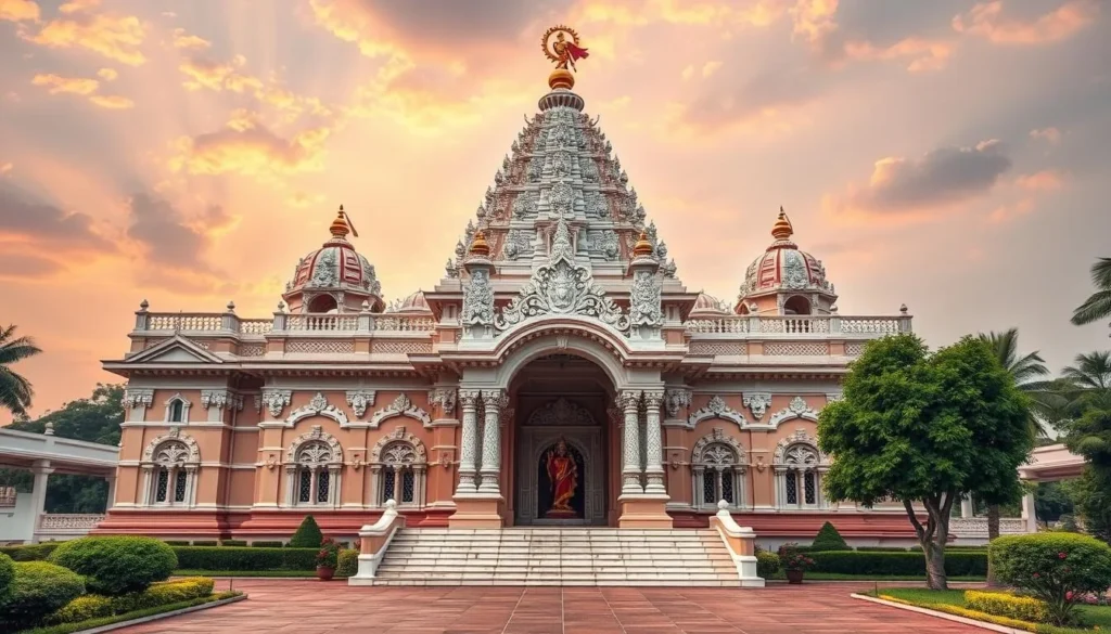 Generate an image of the ISKCON Temple's exterior