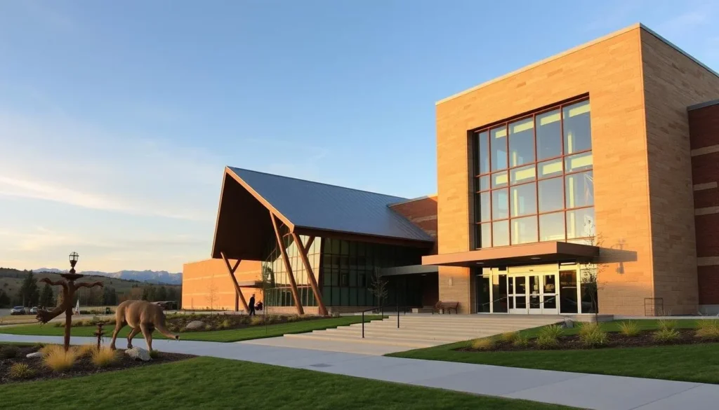 Generate an image of the Idaho Museum of Natural History's exterior, showcasing its modern architecture amidst a scenic backdrop.