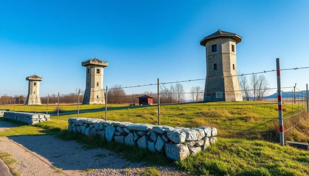 Generate an image of the Iron Curtain Memorial in Čížov, showing preserved watchtowers and fence segments.