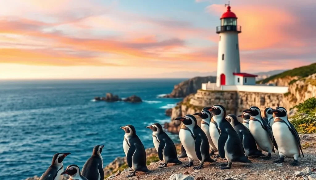 Generate an image of the Isla Magdalena Lighthouse with penguins in the foreground.