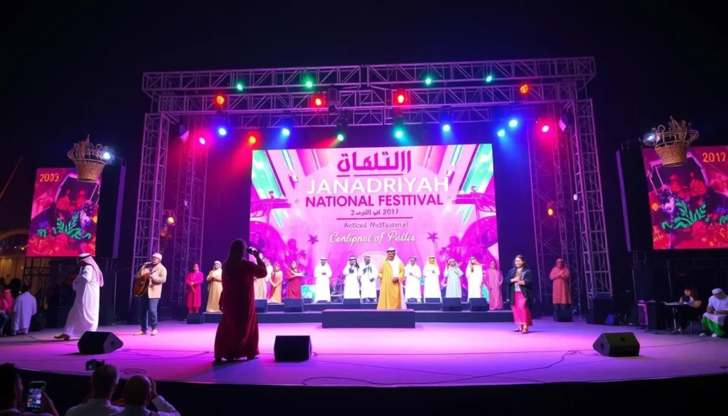 Generate an image of the Janadriyah National Festival's main stage, showcasing traditional Saudi Arabian performances.