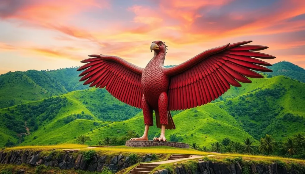 Generate an image of the Jatayu Earth's massive bird sculpture against a backdrop of lush green hills.