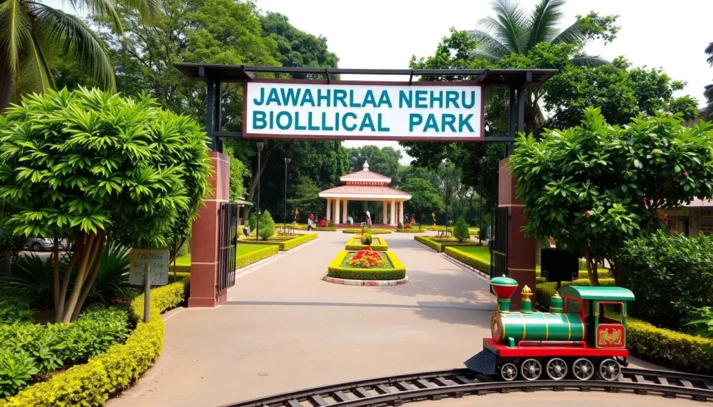 Generate an image of the Jawaharlal Nehru Biological Park's entrance, showcasing its beautiful gardens and a toy train.
