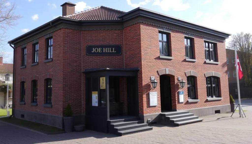 Generate an image of the Joe Hill Museum exterior in Gävle, Sweden, showcasing its unique architecture and surrounding environment.