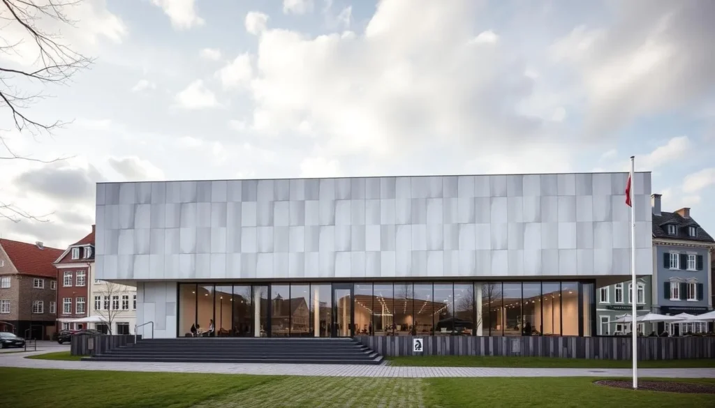 Generate an image of the KUBEN Museum's exterior, showcasing its modern architecture amidst Arendal's historic surroundings.