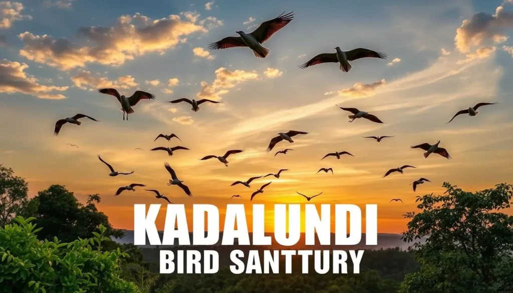 Generate an image of the Kadalundi Bird Sanctuary with migratory birds flying over the sanctuary.