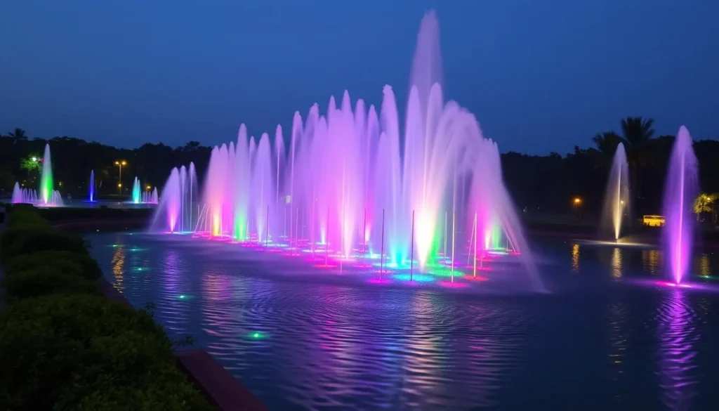 Generate an image of the Kakatiya Musical Garden at dusk with the musical fountain show in action. Generate an image of the Kakatiya Musical Garden at dusk with the musical fountain show in action.