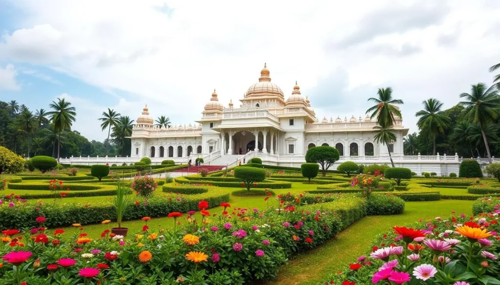 Generate an image of the Kanakakkunnu Palace surrounded by its beautiful gardens.