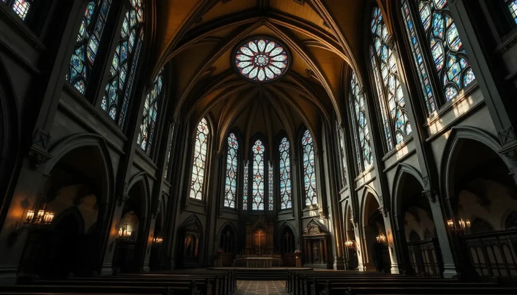 Generate an image of the Kanpur Memorial Church's interior, showcasing its stained glass windows and solemn atmosphere.