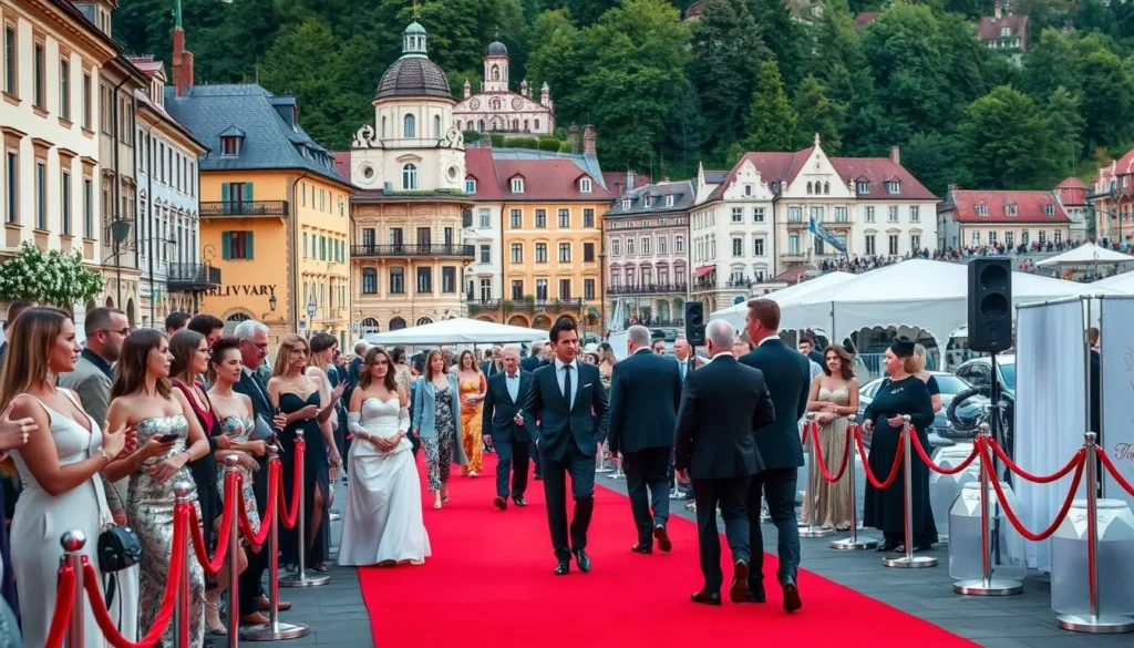 Generate an image of the Karlovy Vary town during the film festival, with a red carpet and Hollywood stars.