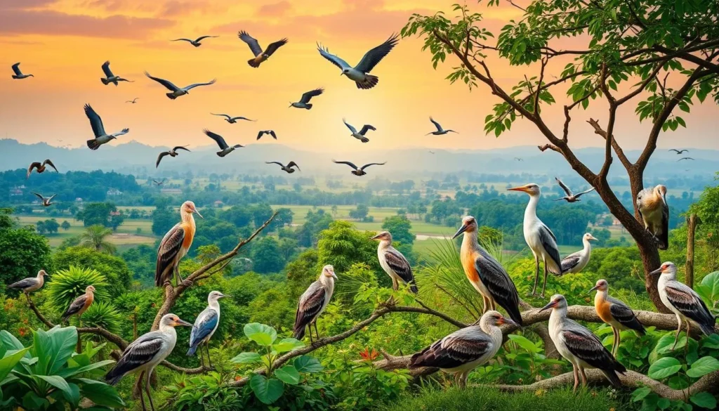 Generate an image of the Karnala Bird Sanctuary with various bird species.