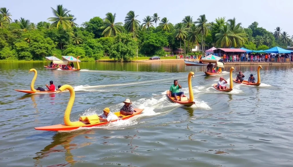 Generate an image of the Kayamkulam Boat Race, showcasing snake boats racing on the backwaters.