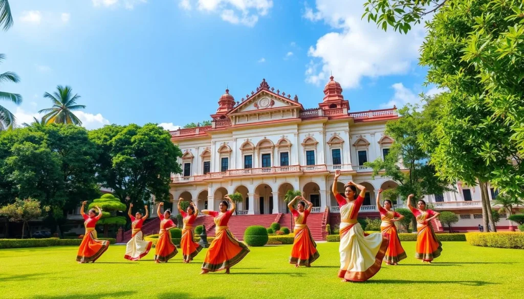 Generate an image of the Kerala Kalamandalam campus with students performing traditional dance forms.