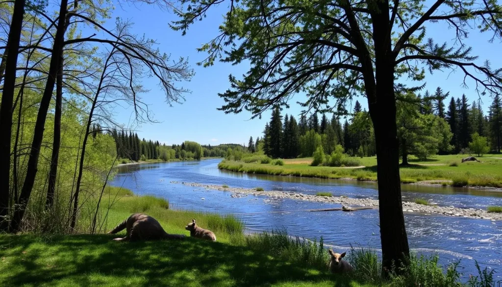 Generate an image of the Kerry Wood Nature Center along the Red Deer River, showcasing its serene surroundings and diverse wildlife.