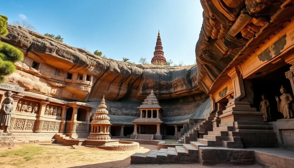 Generate an image of the Khambhalida Caves with ancient carvings and Buddhist monuments.