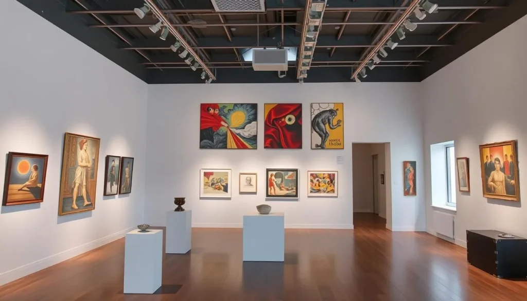 Generate an image of the Kivipankki Gallery's interior with diverse art exhibitions