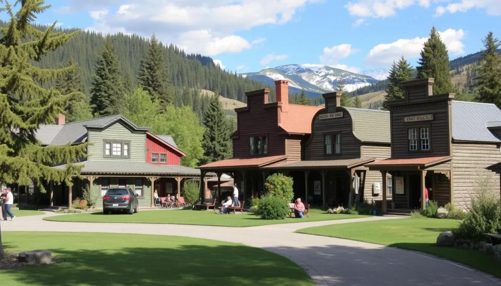 Generate an image of the Kootenai Brown Pioneer Village, showcasing its historic buildings and picturesque surroundings.