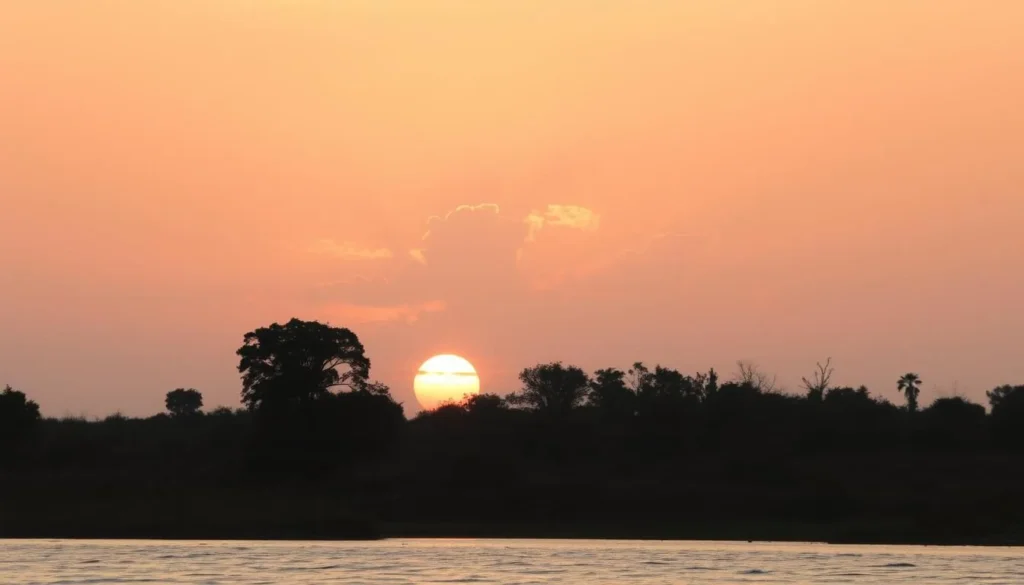 Generate an image of the Krishna River Banks at sunset.